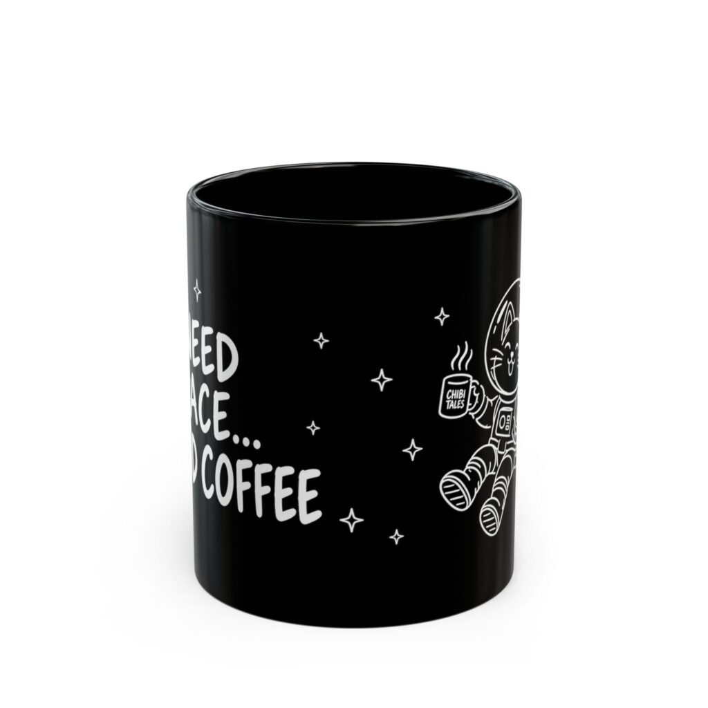 Taza negra de gato astronauta · 11 oz | Chibi Tales